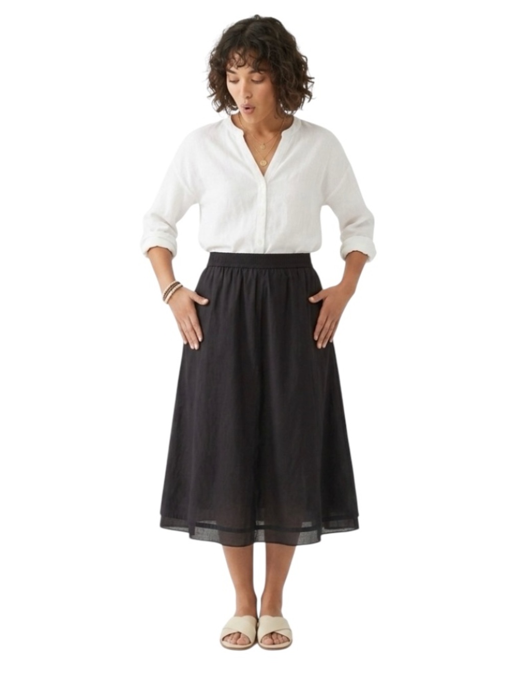 J. Jill 100% Cotton Midi Skirt Sz L Black Boho Closet Staple Pull On Comfort